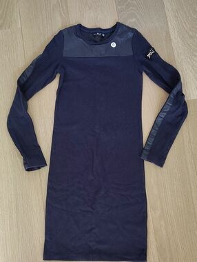 Girls Navy Long-Sleeve Casual Dress with Faux-Leather Trim